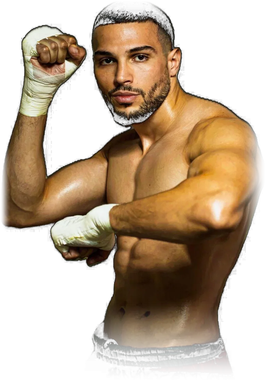 Amine Felkaoui en garde, mains bandées, détouré sur fond noir