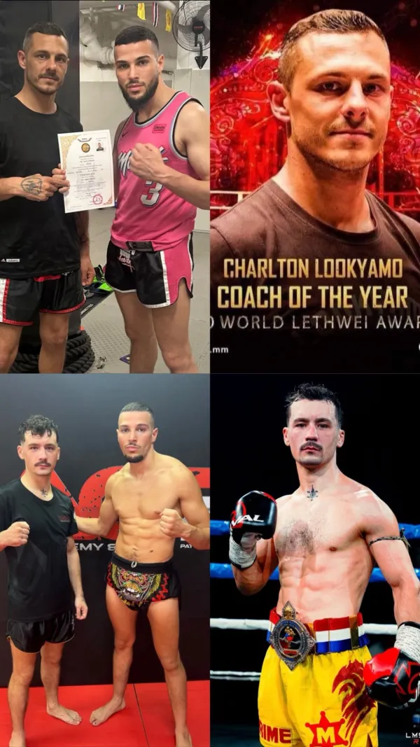 Montage : Amine recevant son certificat avec Charlton Lookyamo, Charlton élu coach de l'année, Amine avec Amaury Prime, et Amaury Prime sur le ring